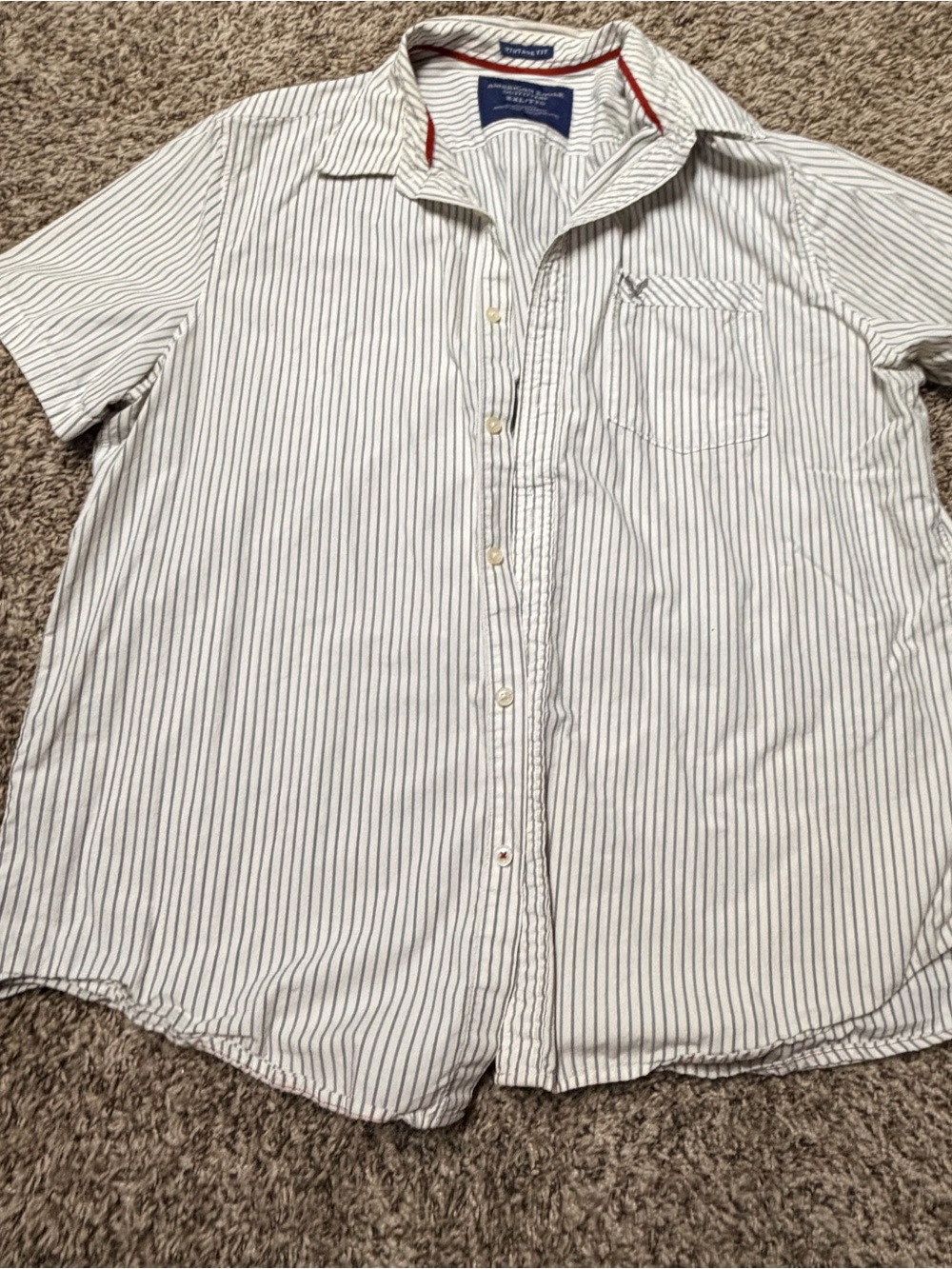 American Eagle Outfitters White Shirt with Navy Pinstripes
